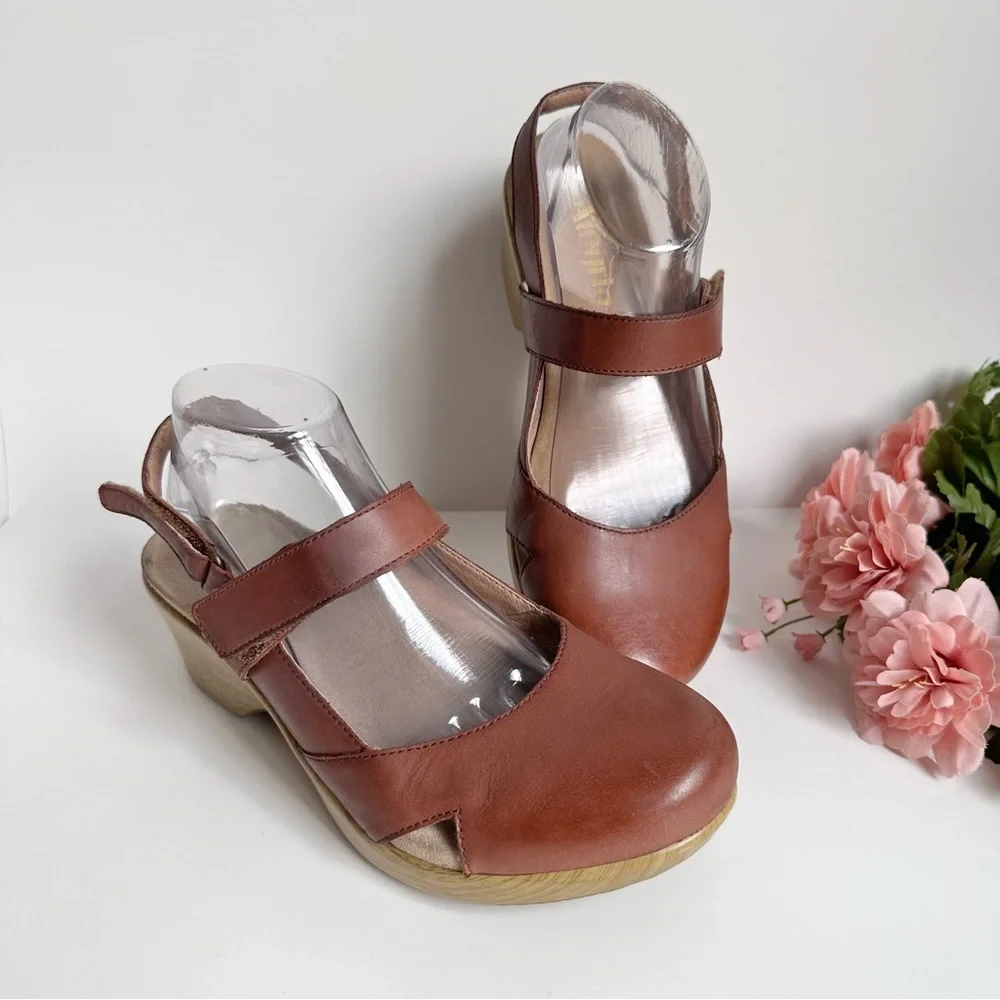 Alegria Tarah Cognac Leather Ankle Strap Wedge Shoes - Picture 16 of 16